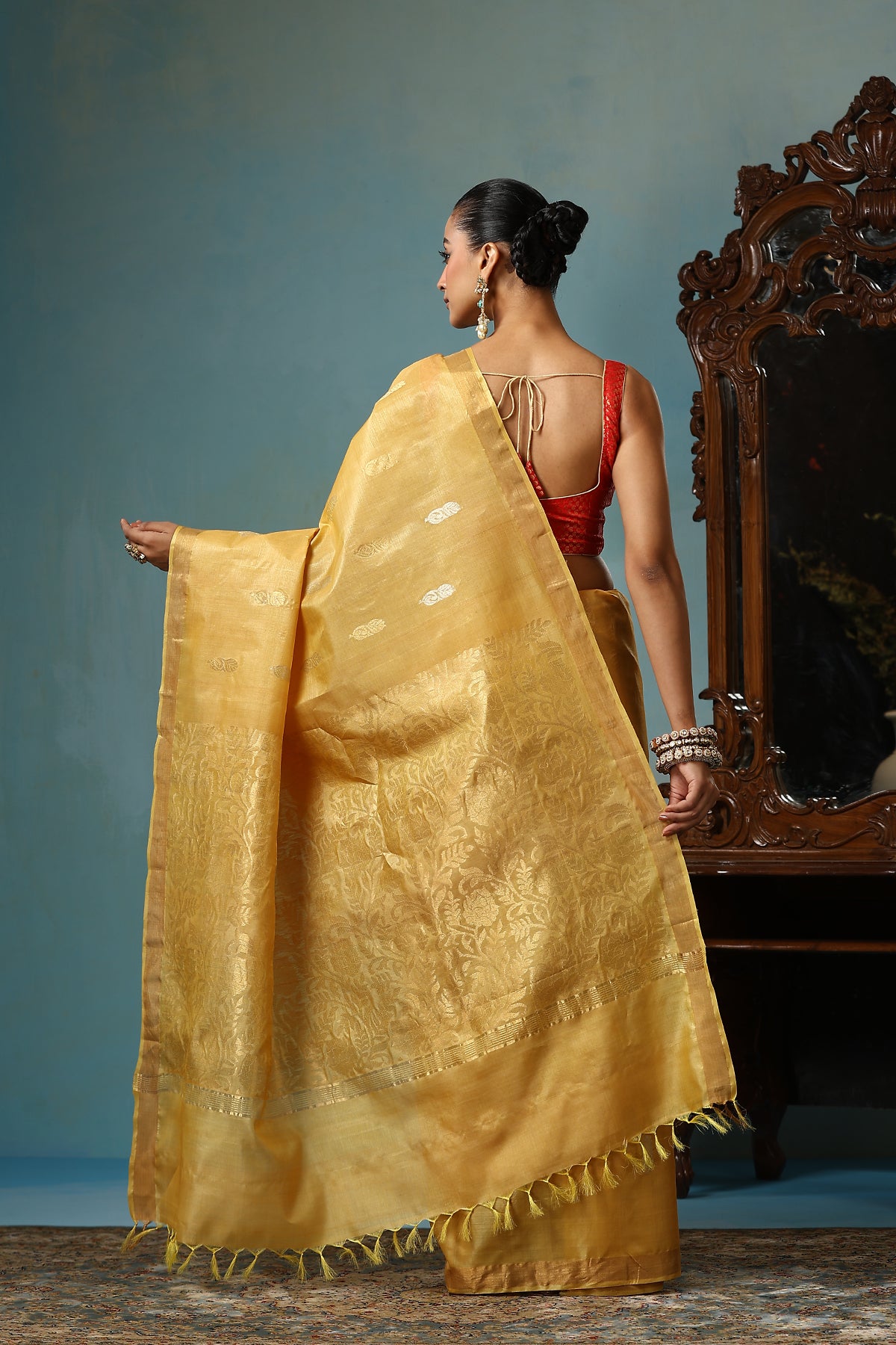 -  Marigold handmade light yellow-gold Kosa Silk saree with flower and leaf designs on the palla