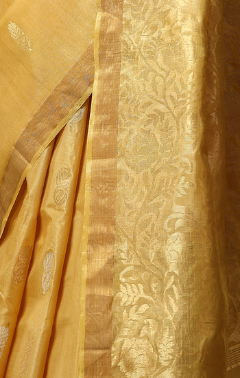 Marigold handmade light yellow-gold Kosa Silk saree with flower and leaf designs on the palla