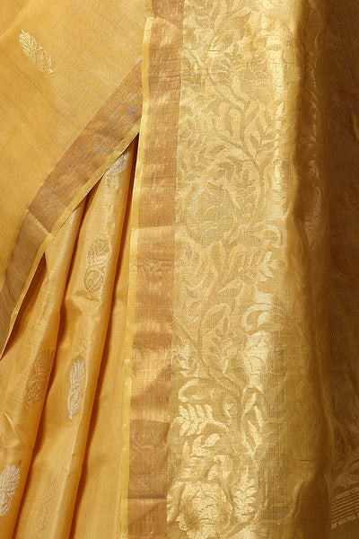 -  Marigold handmade light yellow-gold Kosa Silk saree with flower and leaf designs on the palla