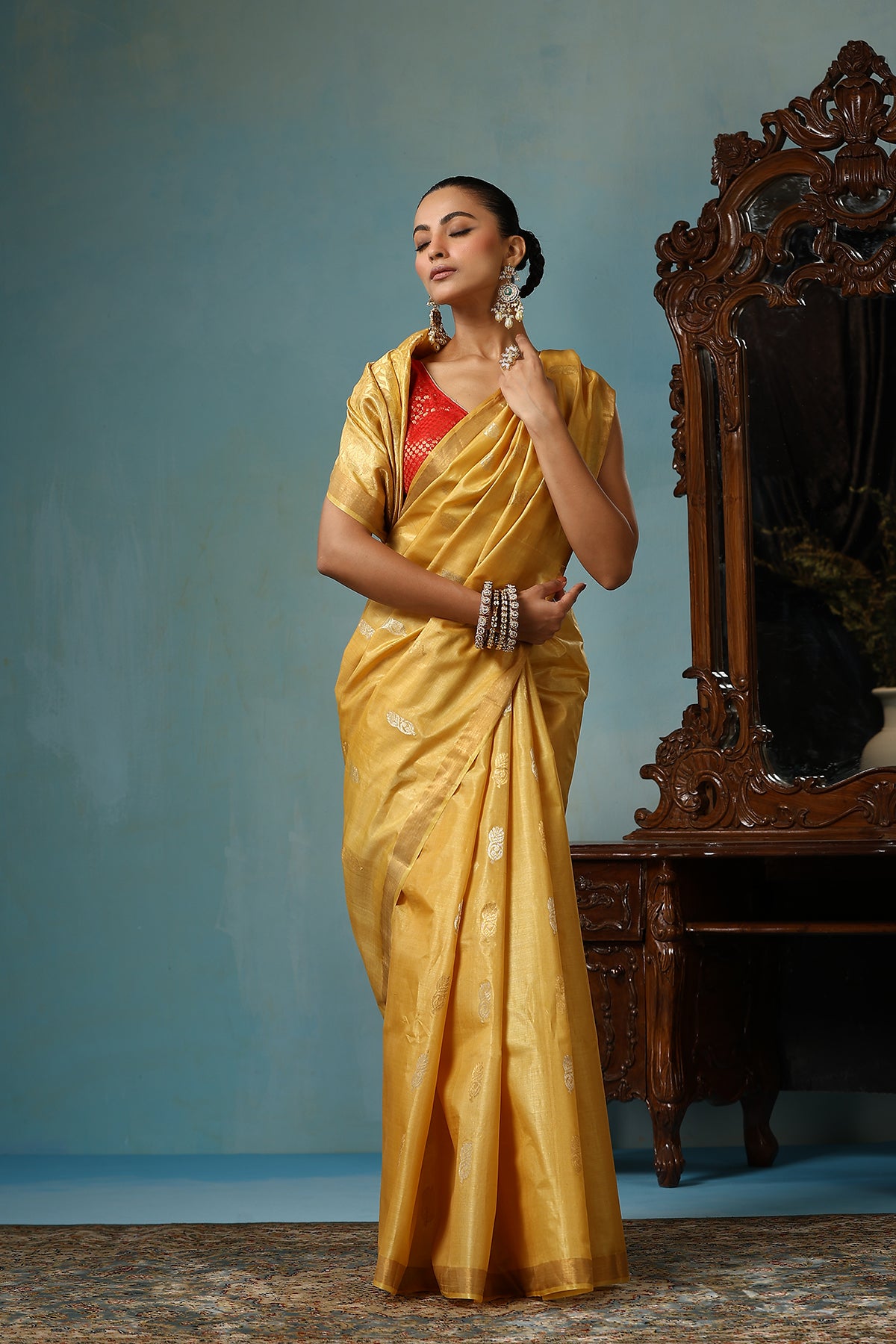 -  Marigold handmade light yellow-gold Kosa Silk saree with flower and leaf designs on the palla