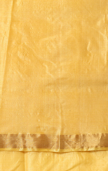 Marigold handmade light yellow-gold Kosa Silk saree with flower and leaf designs on the palla