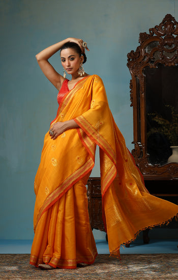 Hyacinth handmade mustard Kosa Silk saree with sunflower designs all over