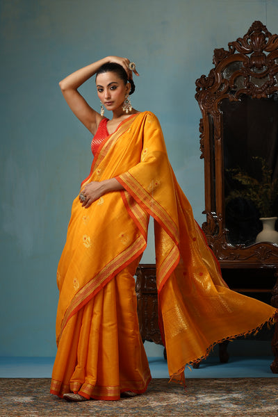 -  Hyacinth handmade mustard Kosa Silk saree with sunflower designs all over