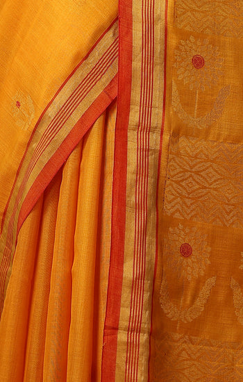 Hyacinth handmade mustard Kosa Silk saree with sunflower designs all over