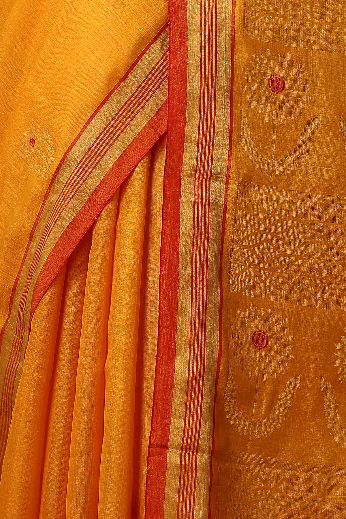 -  Hyacinth handmade mustard Kosa Silk saree with sunflower designs all over