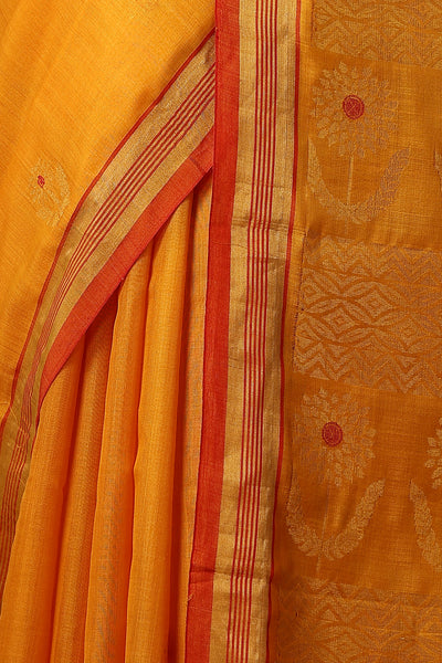 -  Hyacinth handmade mustard Kosa Silk saree with sunflower designs all over