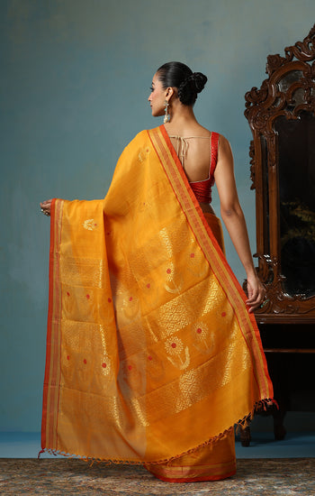 Hyacinth handmade mustard Kosa Silk saree with sunflower designs all over