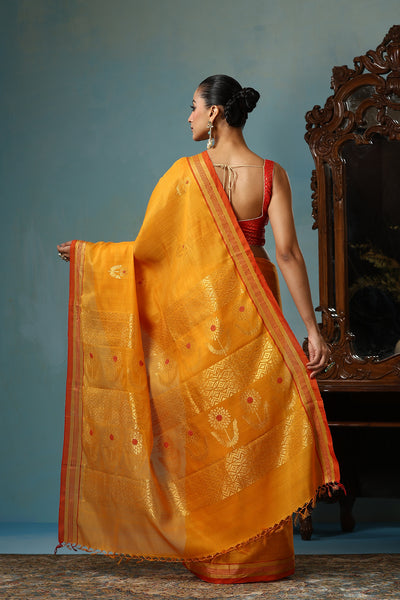 -  Hyacinth handmade mustard Kosa Silk saree with sunflower designs all over