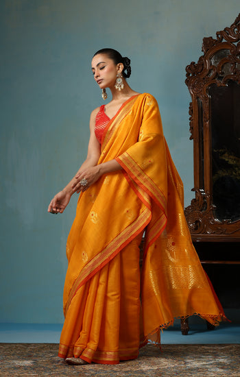 Hyacinth handmade mustard Kosa Silk saree with sunflower designs all over