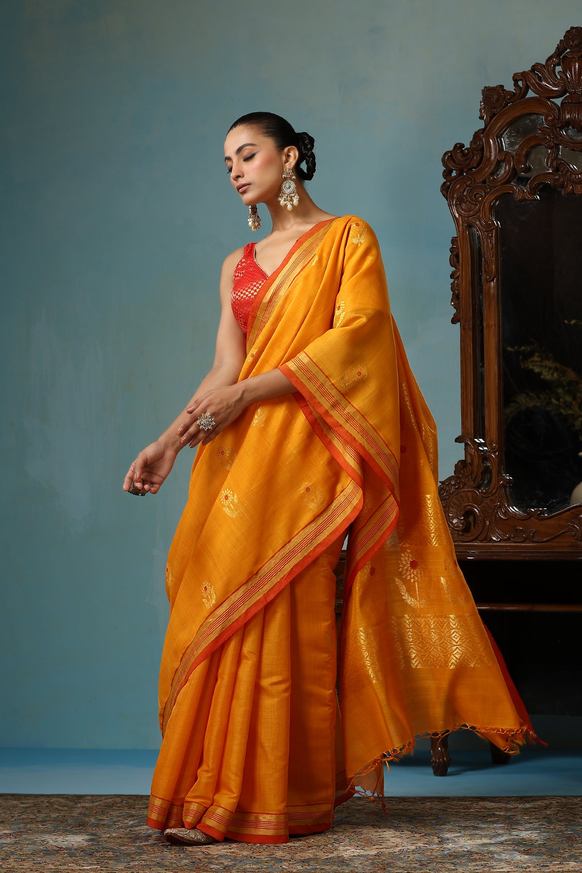 -  Hyacinth handmade mustard Kosa Silk saree with sunflower designs all over