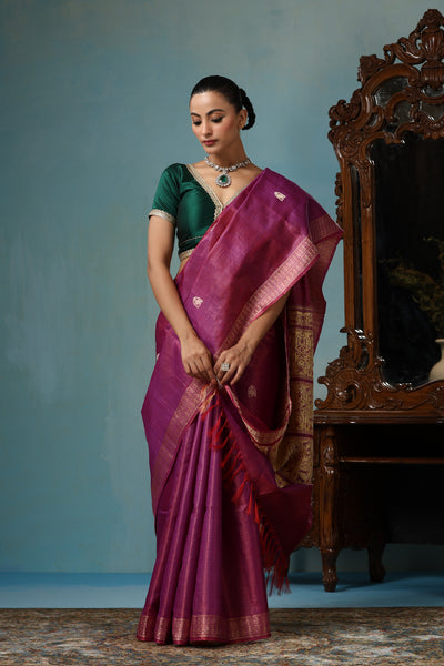 Zinnia handmade magenta and gold Kosa Silk saree with Chhattisgarh tribal art on the palla