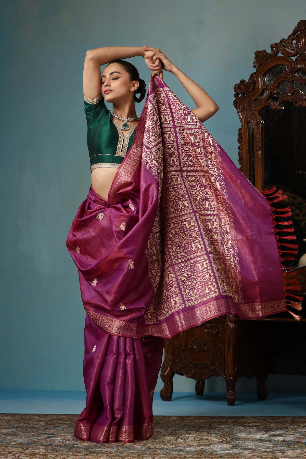 Zinnia handmade magenta and gold Kosa Silk saree with Chhattisgarh tribal art on the palla