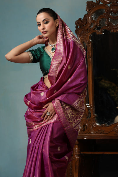 Zinnia handmade magenta and gold Kosa Silk saree with Chhattisgarh tribal art on the palla