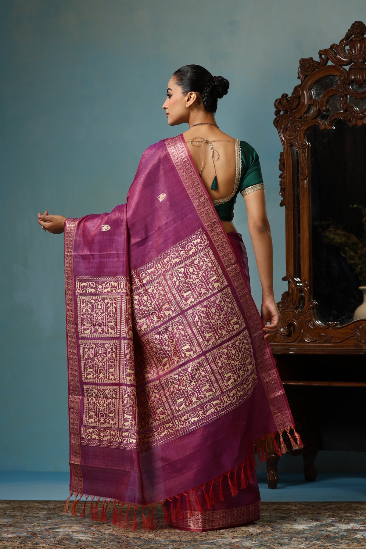 Zinnia handmade magenta and gold Kosa Silk saree with Chhattisgarh tribal art on the palla