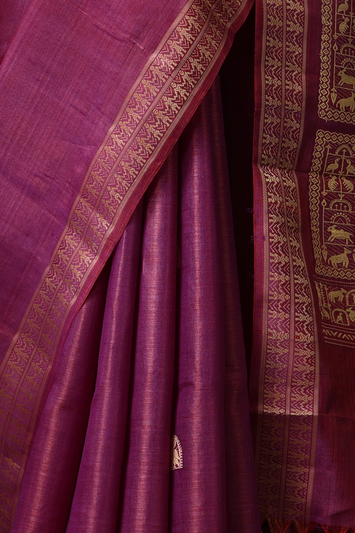 Zinnia handmade magenta and gold Kosa Silk saree with Chhattisgarh tribal art on the palla