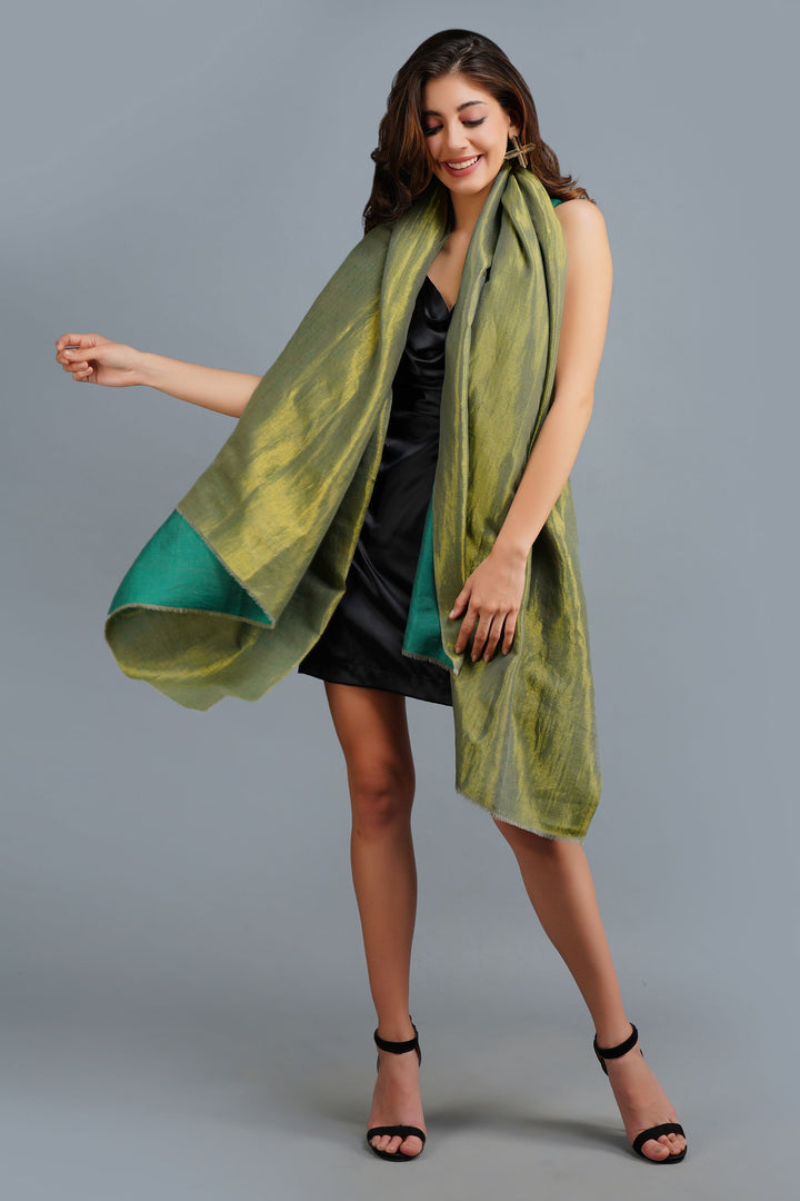Handwoven Green Zari Pashmina blend Shawl