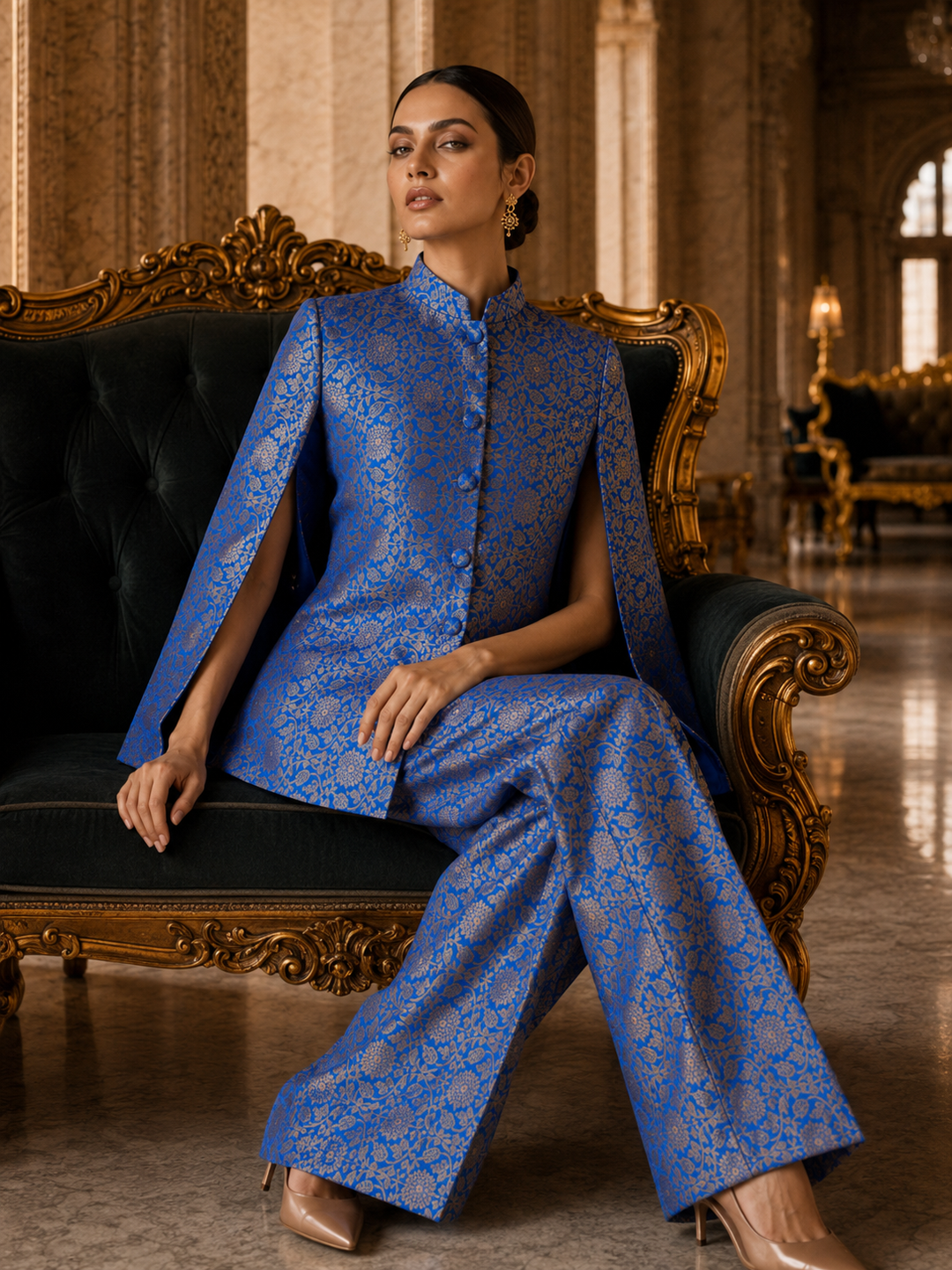 Mumtaz Banarasi Cape Jacket with Gold Floral Weave