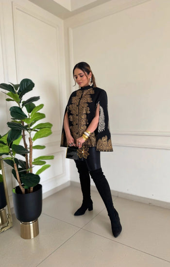 Heena Somani in our Ira Fine Wool Silk With Zari Embroidered Cape