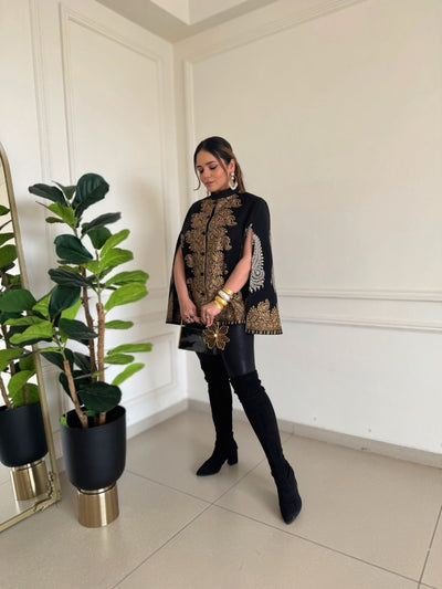 -  Heena Somani in our Ira Fine Wool Silk With Zari Embroidered Cape