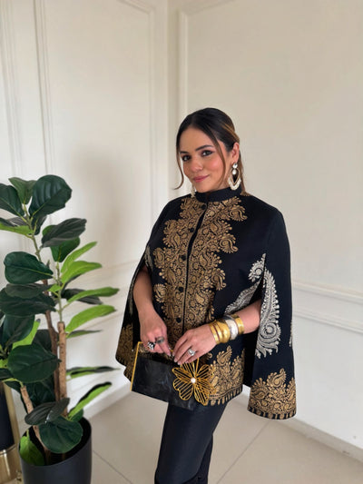 Heena Somani in our Ira Fine Wool Silk With Zari Embroidered Cape