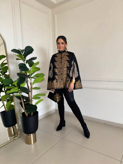 -  Heena Somani in our Ira Fine Wool Silk With Zari Embroidered Cape