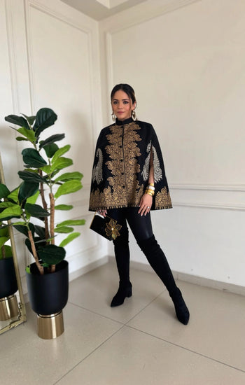 Heena Somani in our Ira Fine Wool Silk With Zari Embroidered Cape