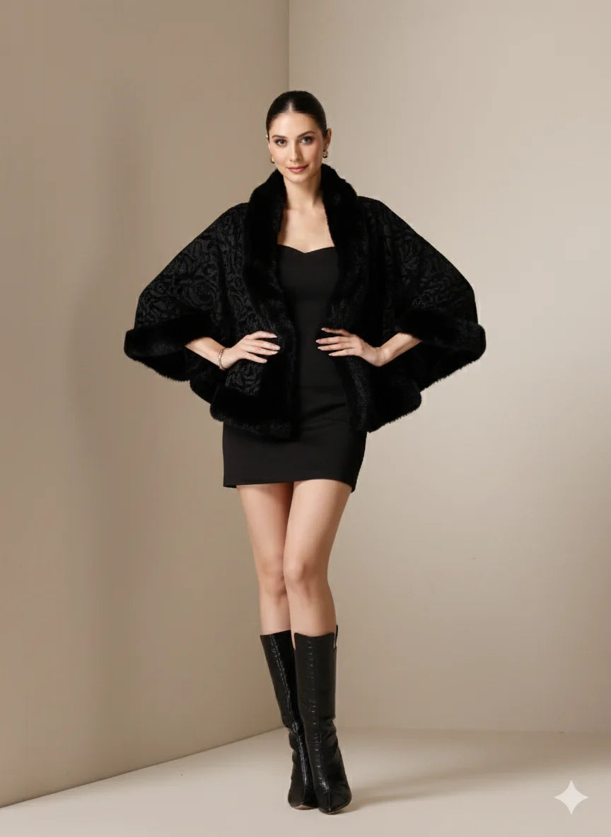 Noir Élite Embossed Fur Cape