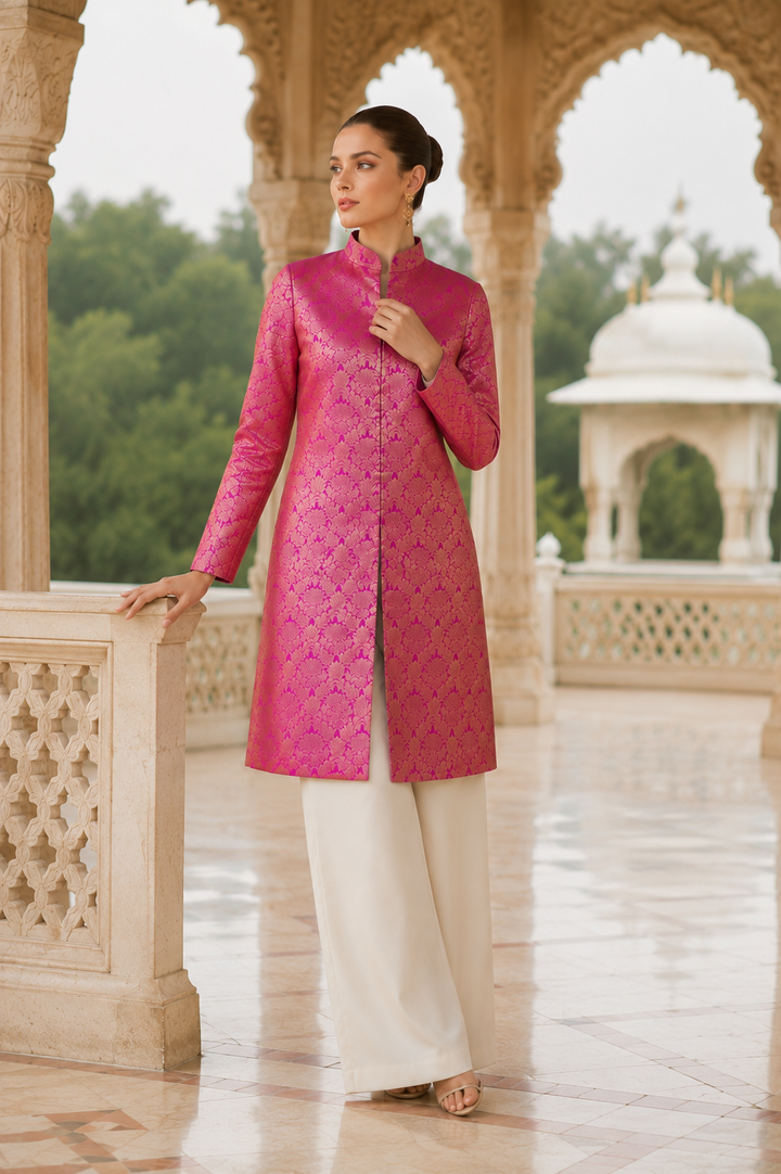 gold floral Banarasi weave on fuchsia pink women&