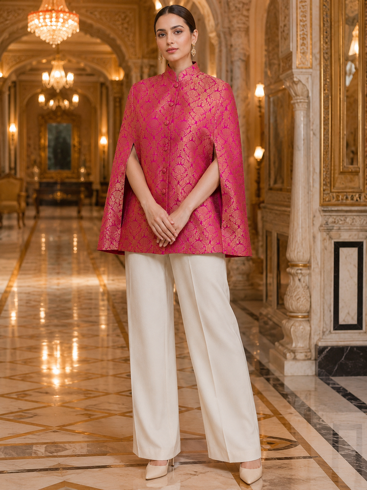 A woman models a bright pink embroidered cape-sleeve top paired with off-white wide-leg trousers, standing in a grand, ornate hallway with chandeliers and marble floors.