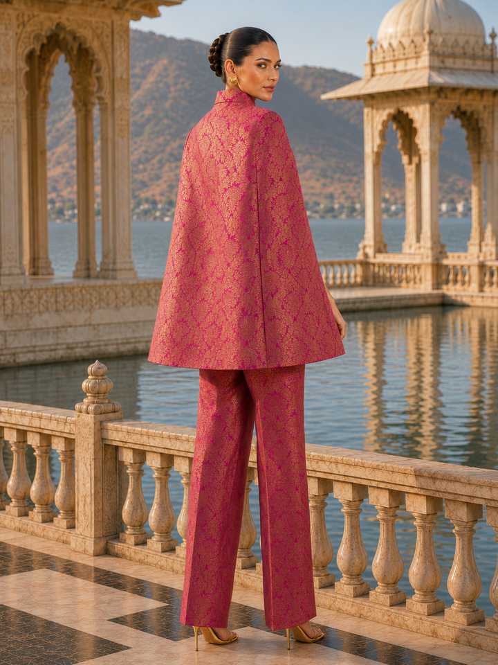 Back view of Mira Banarasi cape co-ord set showing structured cape and pleated pants