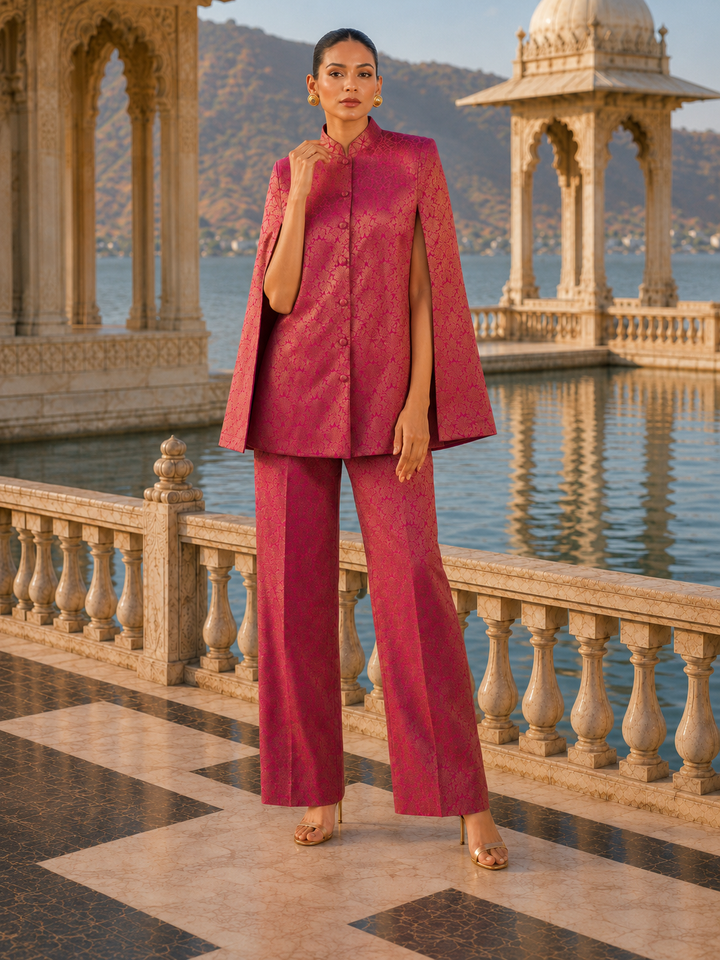 Close-up of gold floral Banarasi weave on fuchsia cape co-ord set fabric