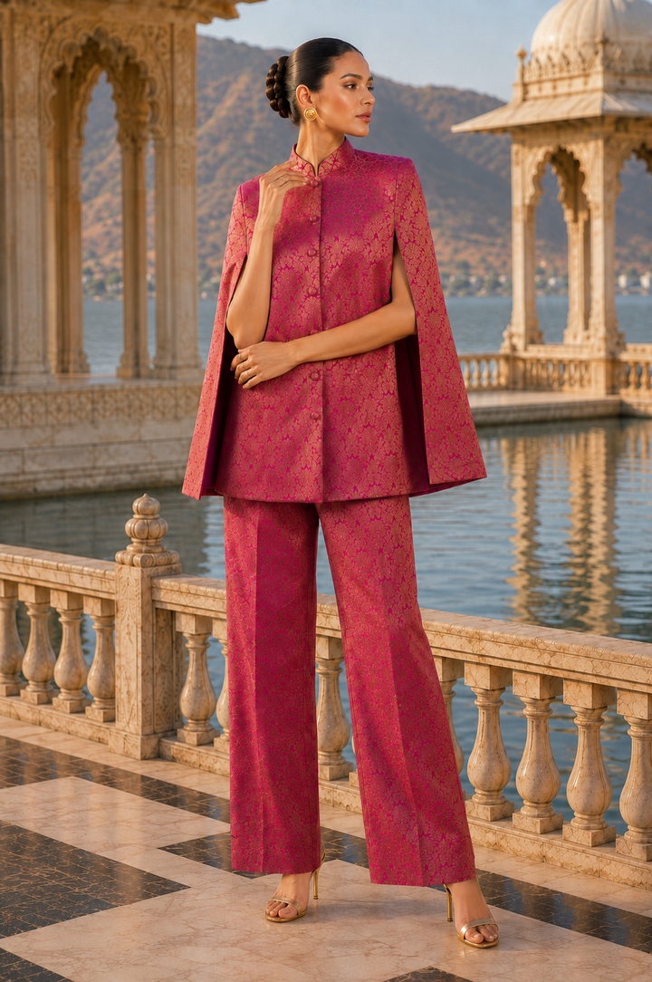 Mira Banarasi cape co-ord set styled with heels and gold jewellery for wedding wear