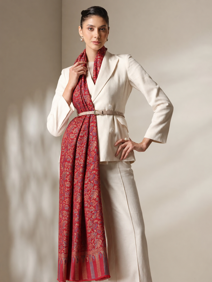 Red Jamawar Stole with Woven Leaf and Vine Design
