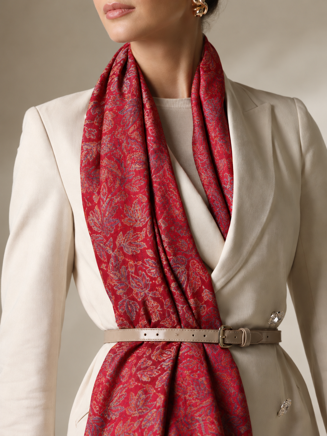 Red Jamawar Stole with Woven Leaf and Vine Design