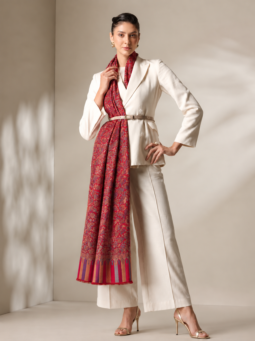 Red Jamawar Stole with Woven Leaf and Vine Design