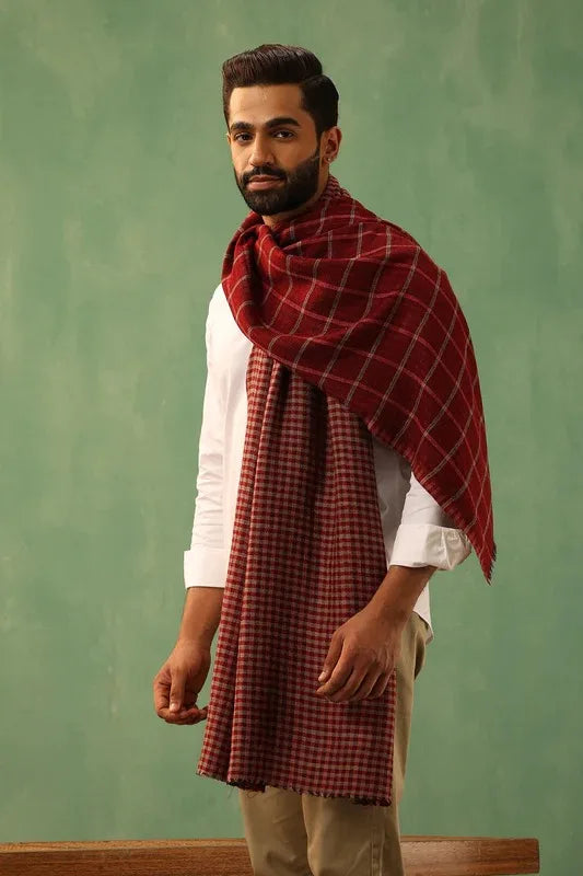 Riyaz Maroon Cashmere Checkered Stole for Men