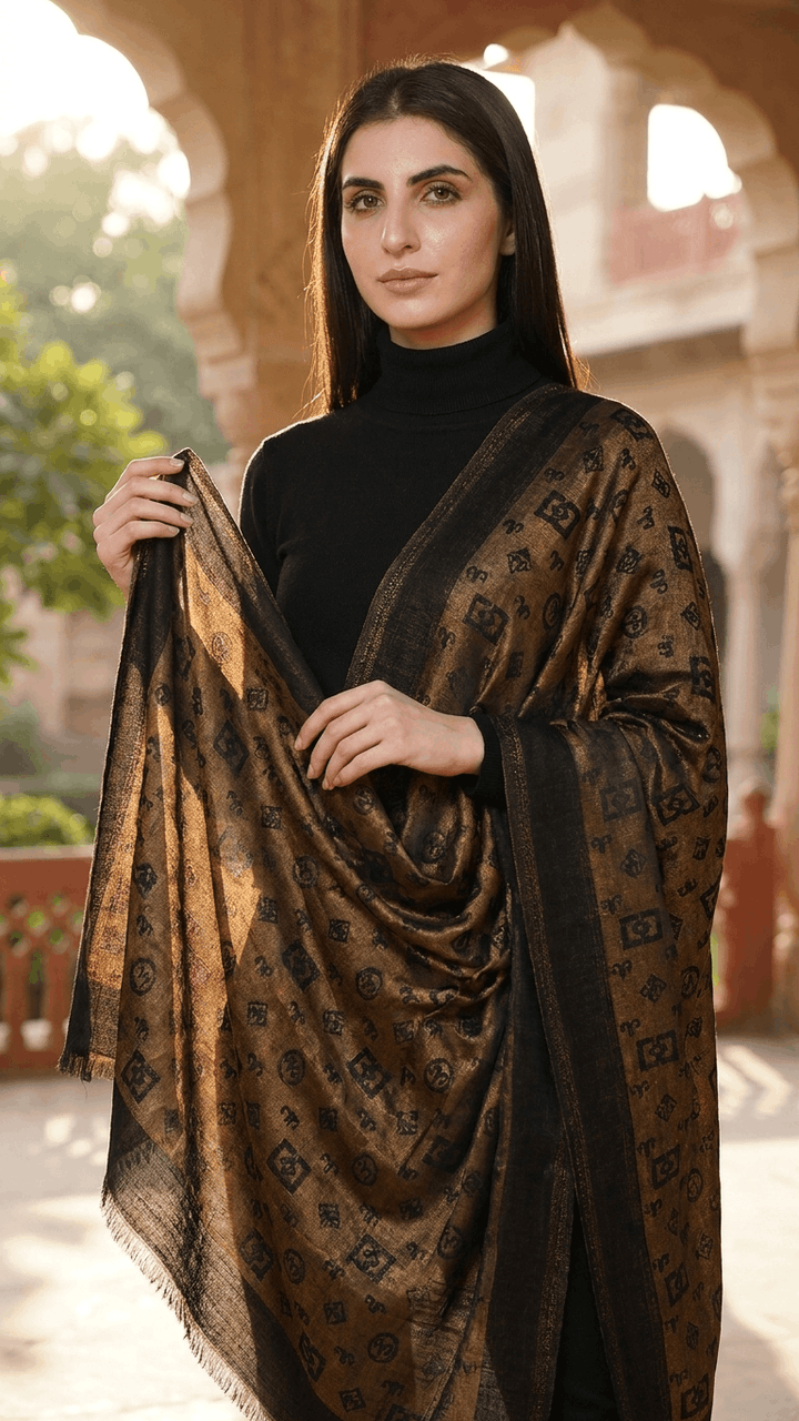 Black &amp; Gold Pashmina Zari blent stole Gift Box with Freshwater Jewellery – Luxury Wedding &amp; Festive Hamper