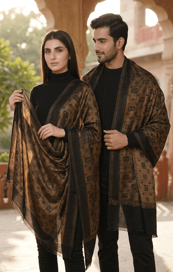 Black & Gold Pashmina Zari blent stole Gift Box with Freshwater Jewellery – Luxury Wedding & Festive Hamper