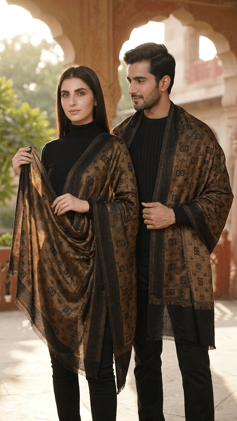 Black &amp; Gold Pashmina Zari blent stole Gift Box with Freshwater Jewellery – Luxury Wedding &amp; Festive Hamper