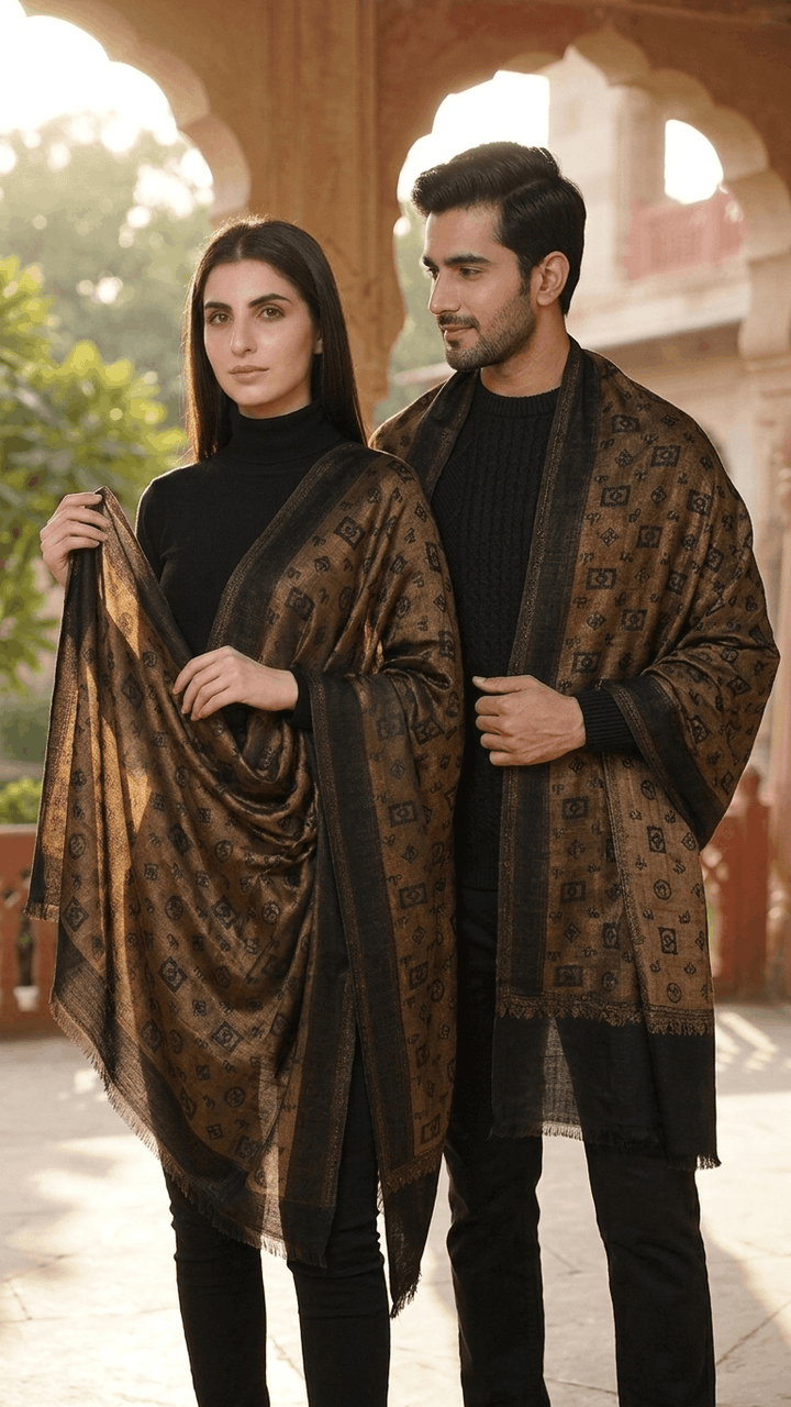 Black &amp; Gold Pashmina Zari blent stole Gift Box with Freshwater Jewellery – Luxury Wedding &amp; Festive Hamper