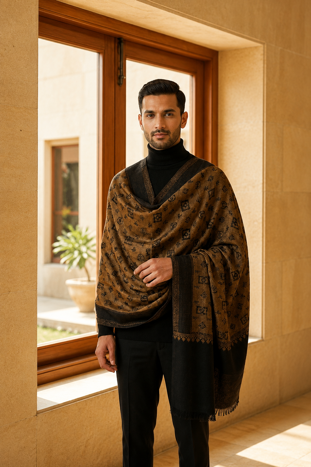 Black &amp; Gold Fine Wool Zari blend stole Gift Box with Jewellery