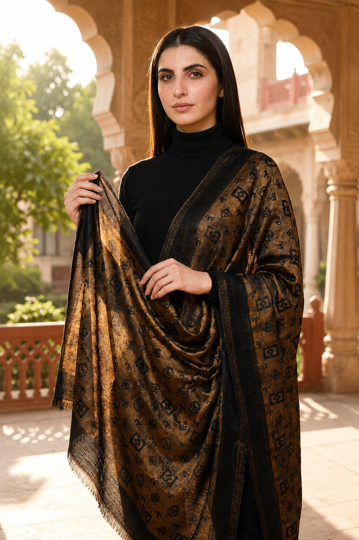 Black &amp; Gold Fine Wool Zari blend stole Gift Box with Jewellery