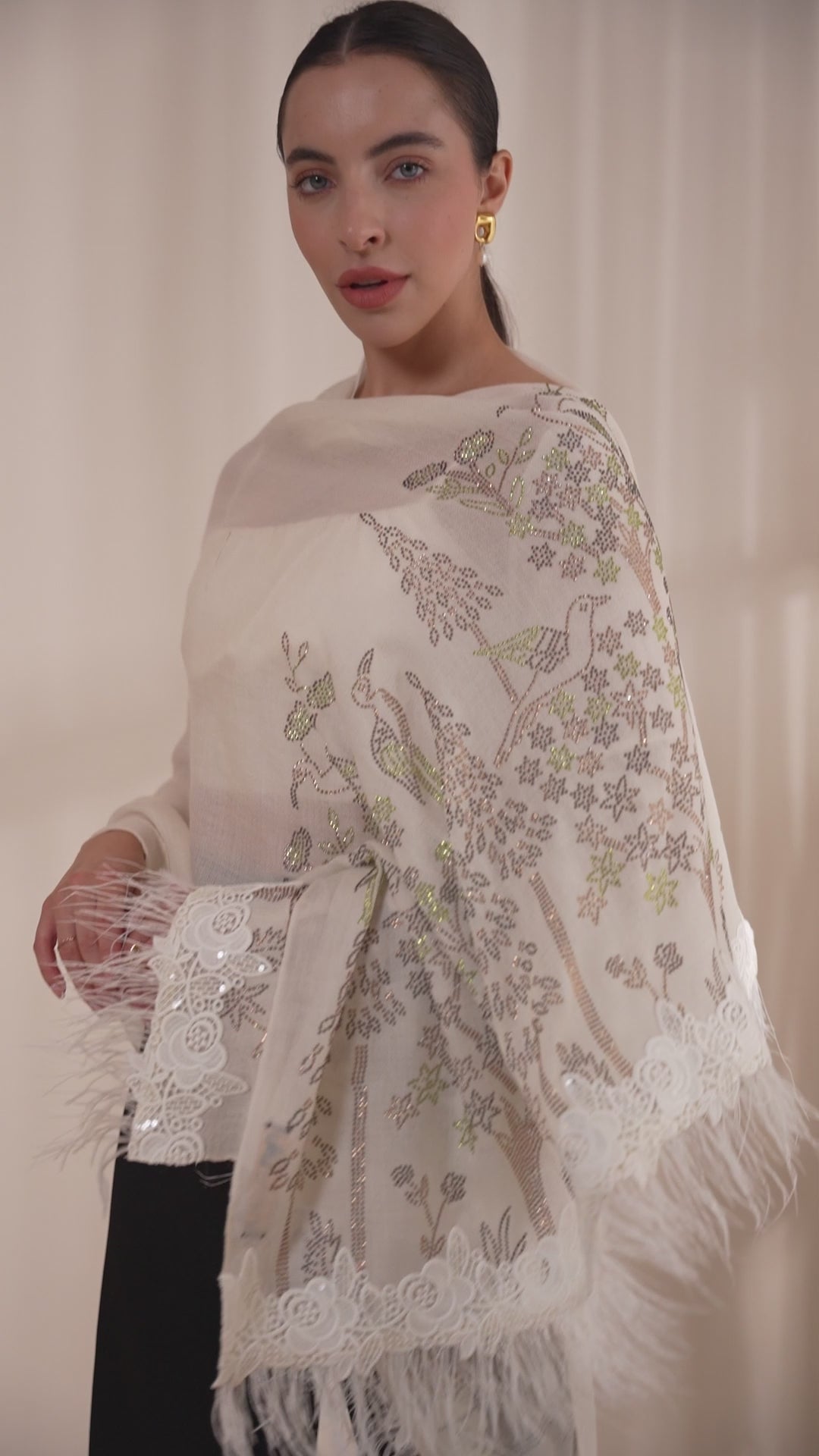 Grace Rose Lace with Feather on Border with Stone Border Stole