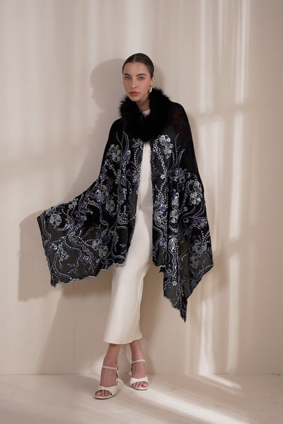 Ellie Collared Fur with Heavy Floral Stone Work Stole