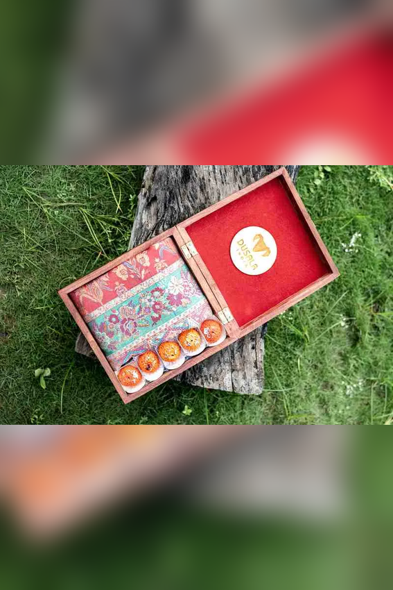 Dusala Rakhi Gift Hamper — Handwoven Silk Dupatta, Laddu Candles &amp; Wood Keepsake Box