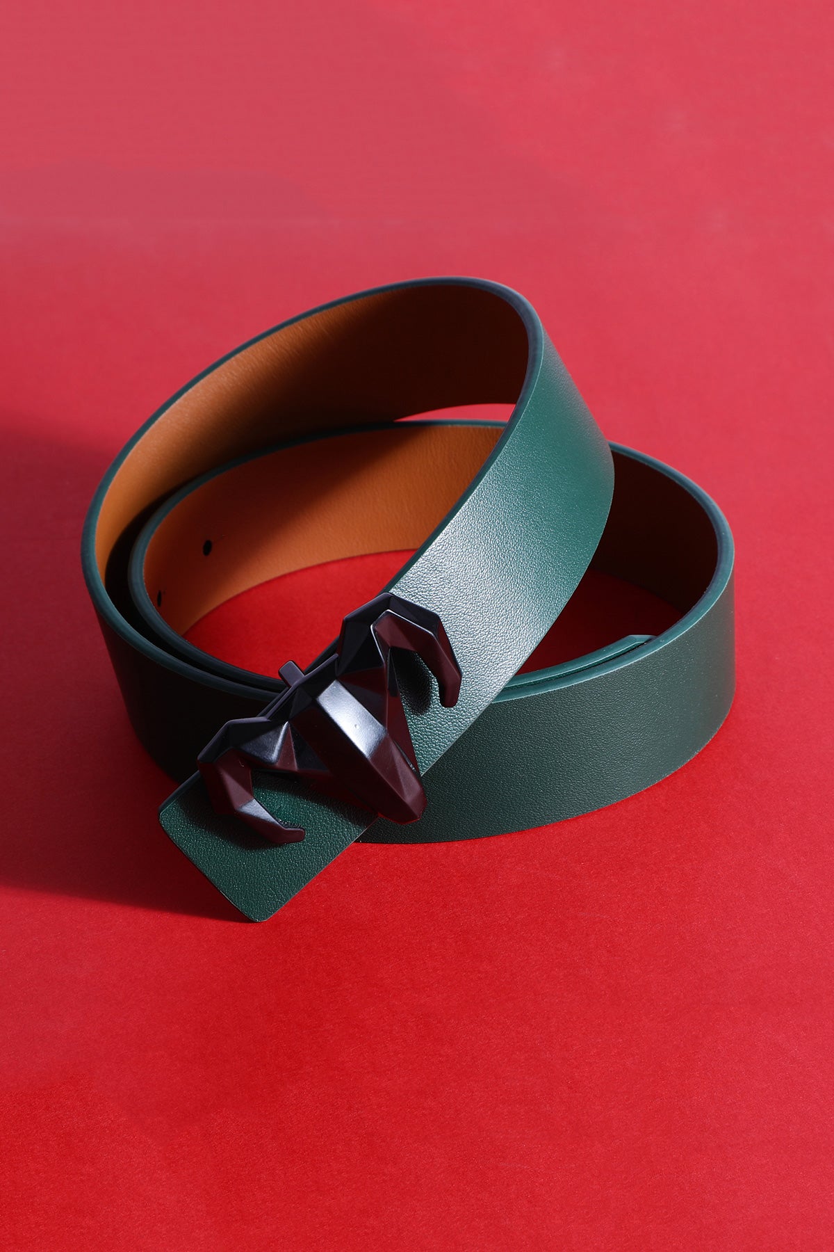 -  Italian Leather Ram Buckle Reversible Belt – Green and Brown