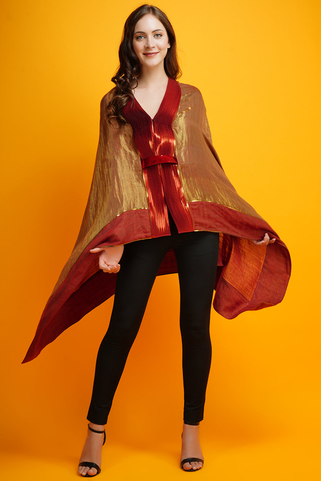 '-  Metallic Draped Cape- Red by Amit Agarwal