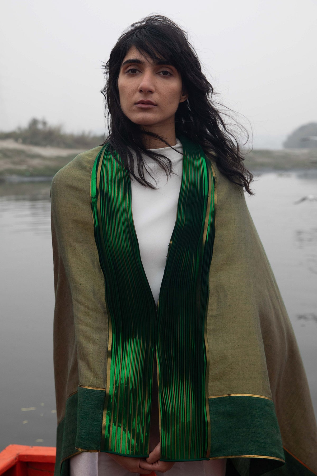 -  Metallic Drapped Green Pashmina Shawl by Amit Agarwal
