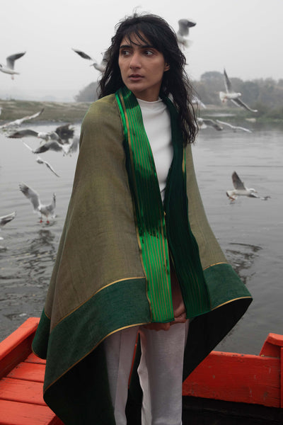 -  Metallic Drapped Green Pashmina Shawl by Amit Agarwal