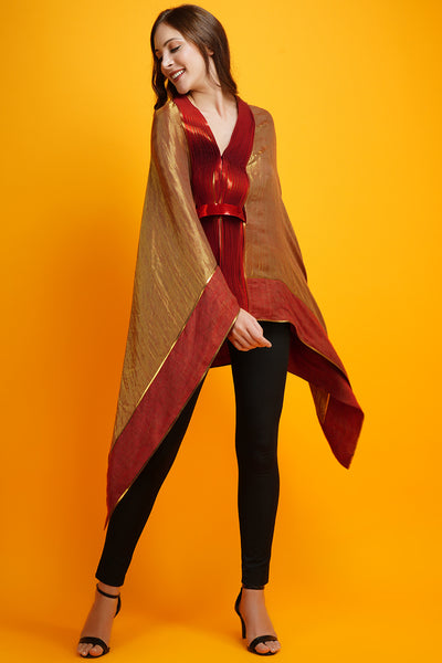 -  Metallic Draped Cape- Red by Amit Agarwal